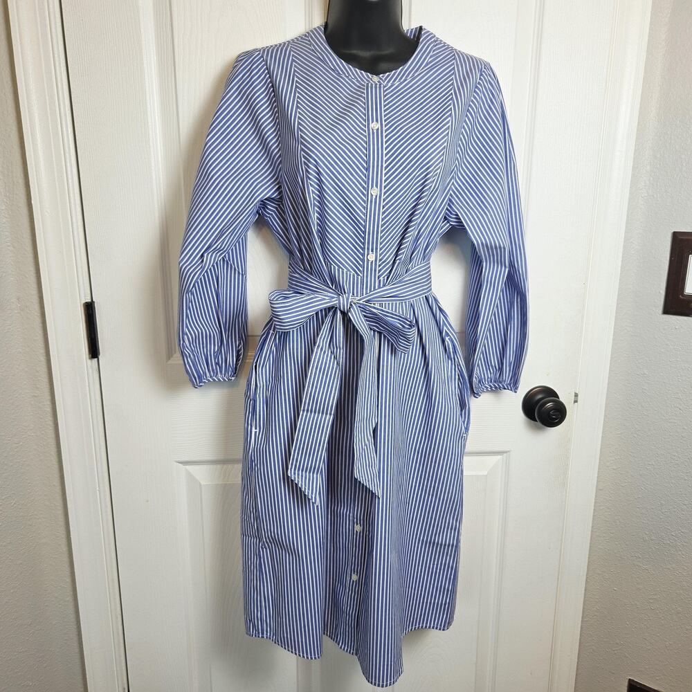 Striped Shirt Dress Womens Medium Blue Midi Bow Belt Waist Pockets Nautical